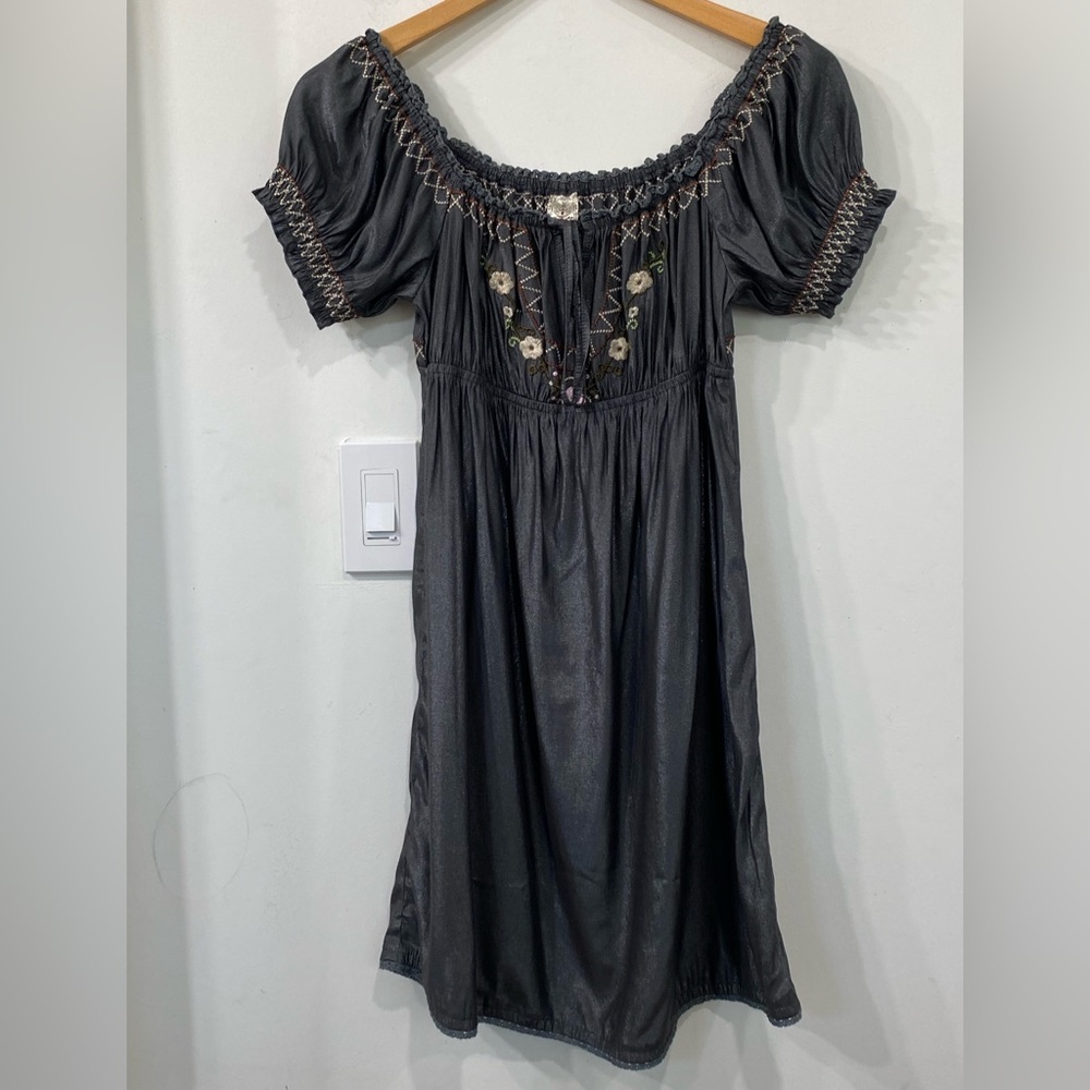 Stitch Embroidered Bohemian Victorian off Shoulder Dress in Gun Metal Grey XS